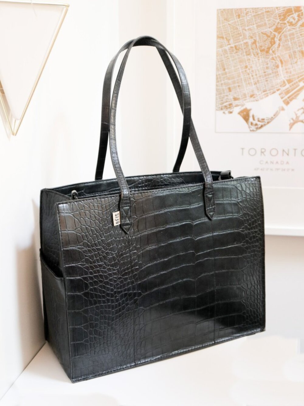 BEIS 'Work Tote' Black Embossed Croc w/ Large Flat Snap Button Pouch, Reptile